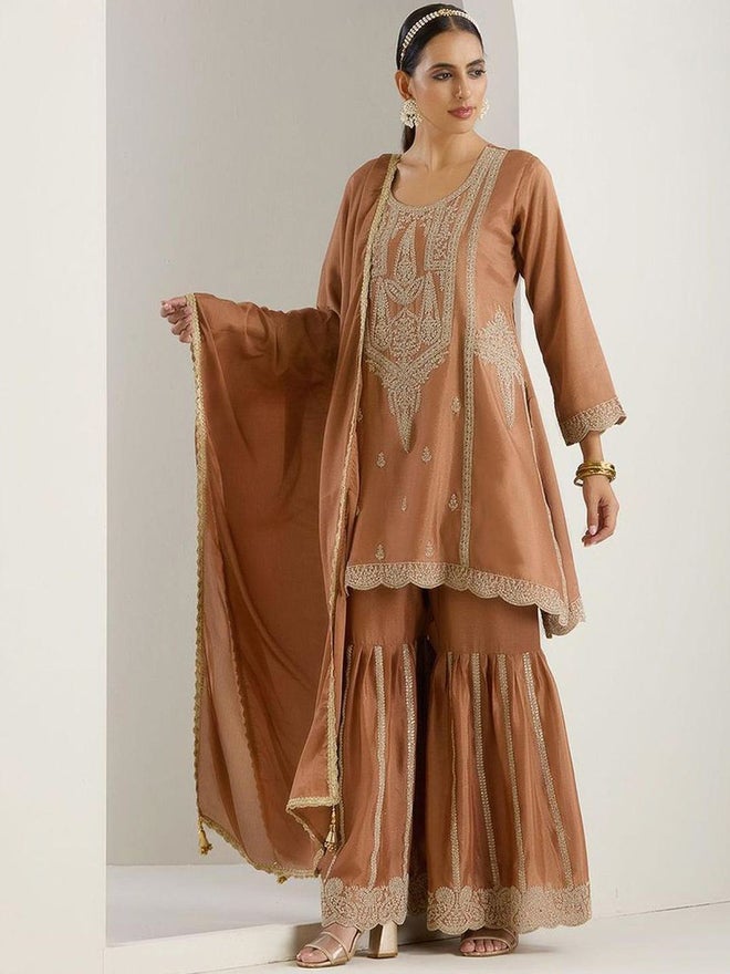 ISHIN 3-Piece Chinon Zari Embroidered Kurta, Sharara and Tassel Dupatta Set - Image 3